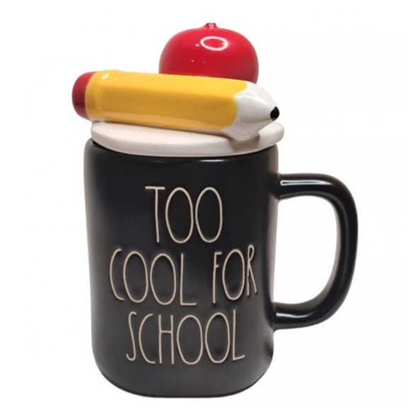 NEW Rae Dunn Too Cool For School Black Mug Apple Pencil Lid Cover 🍎 - Picture 2 of 3